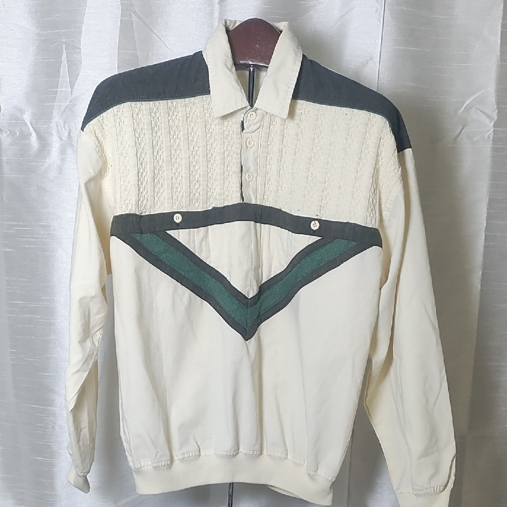 Alan Alexius Men's V-Neck‎ Sweater in Cream and Green Size L